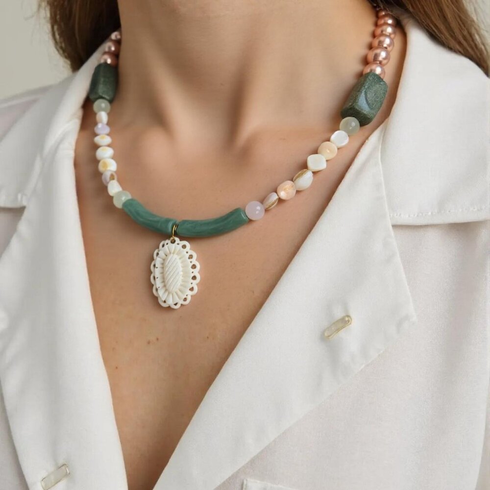 Walk in the Forest. Soft and neutral green beaded medium length pendant necklace